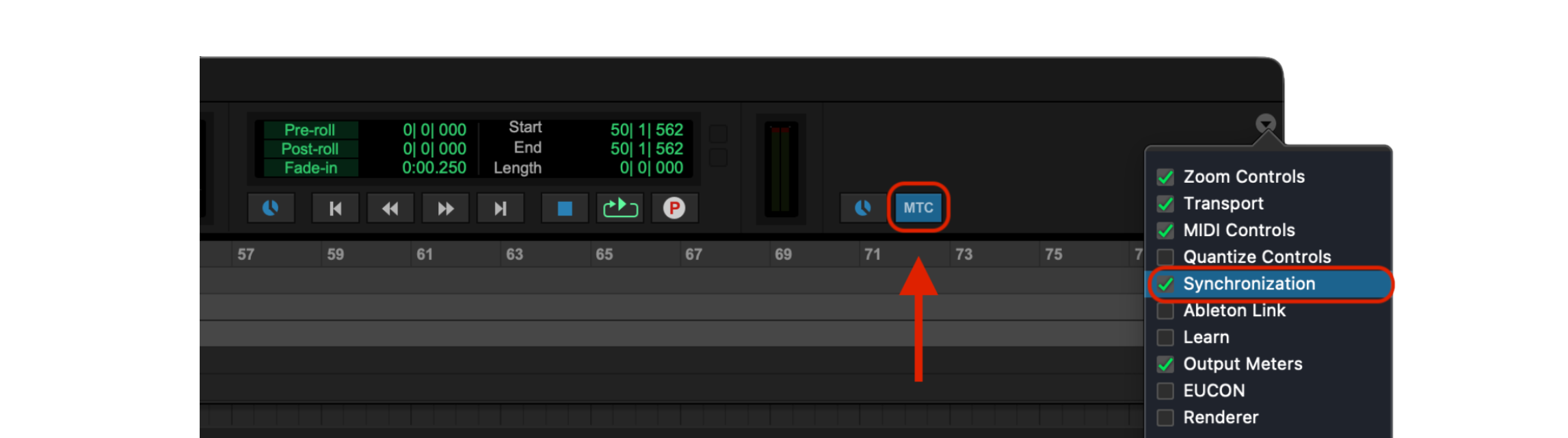 Pro ToolsツールバーでSynchronizationを表示してMTCをオンにする操作